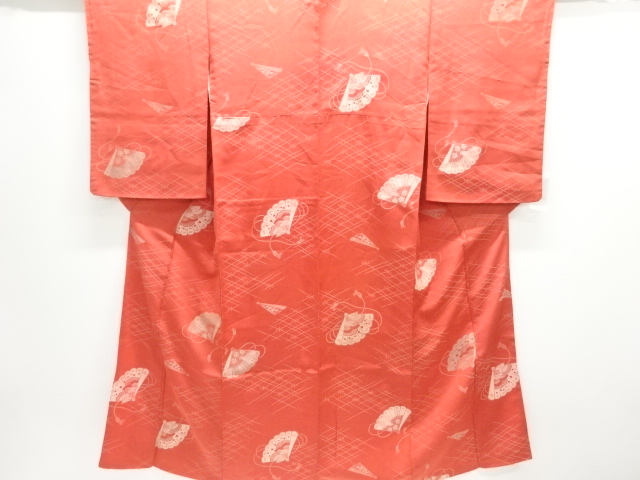 JAPANESE KIMONO / ANTIQUE OMESHI / TAISHO ROMAN STYLE / SILK / FOLDING FAN & FLORAL PLANTS